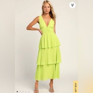 Lulus Celebration Time Lime Green Sleeveless Tiered Midi Dress